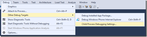 process debugging settings